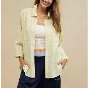 Aerie XL Off Duty Seersucker Button Down Shirt Butter Yellow Blue Stripe